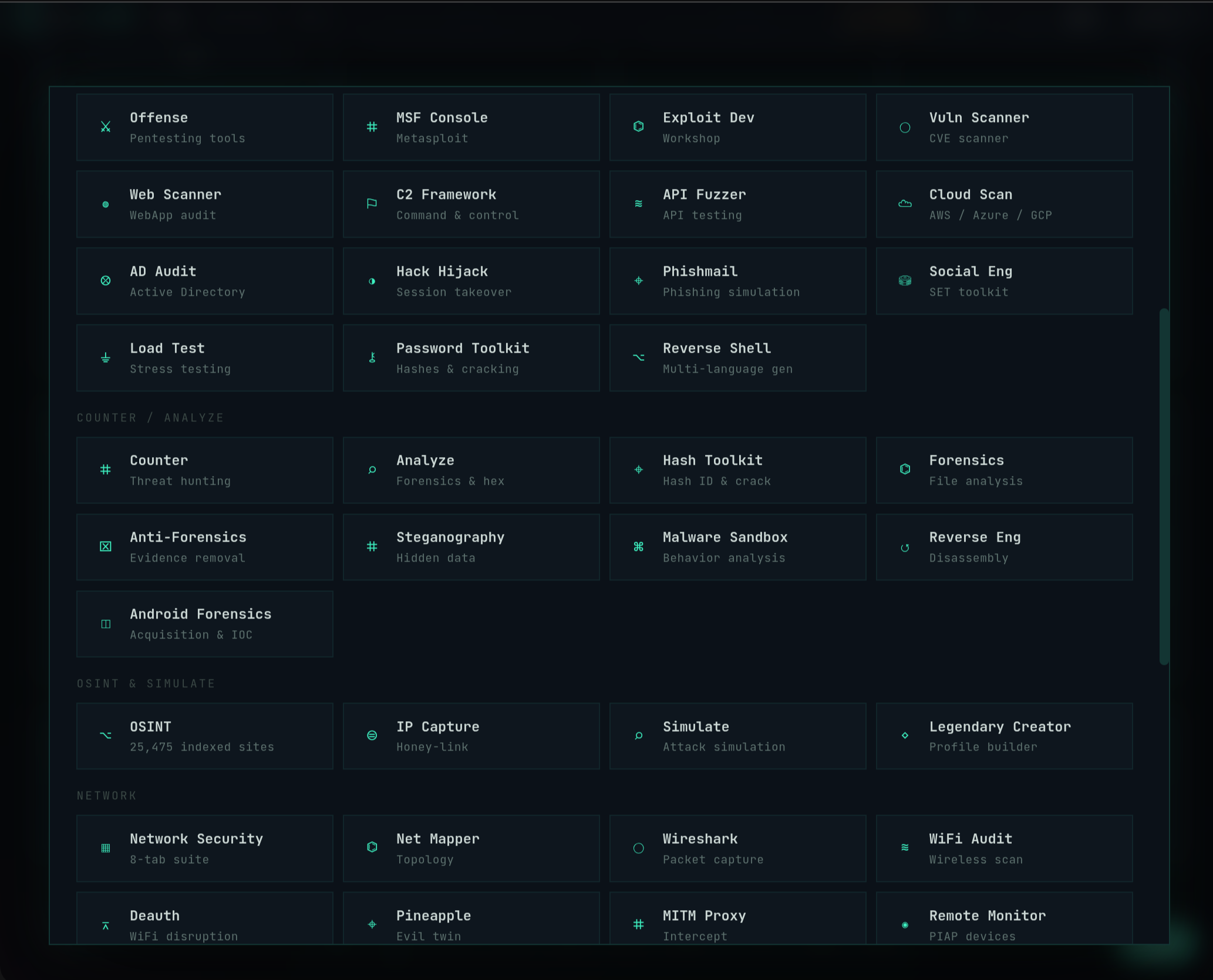 Autarch App Launcher showing the full module grid organised by category.
