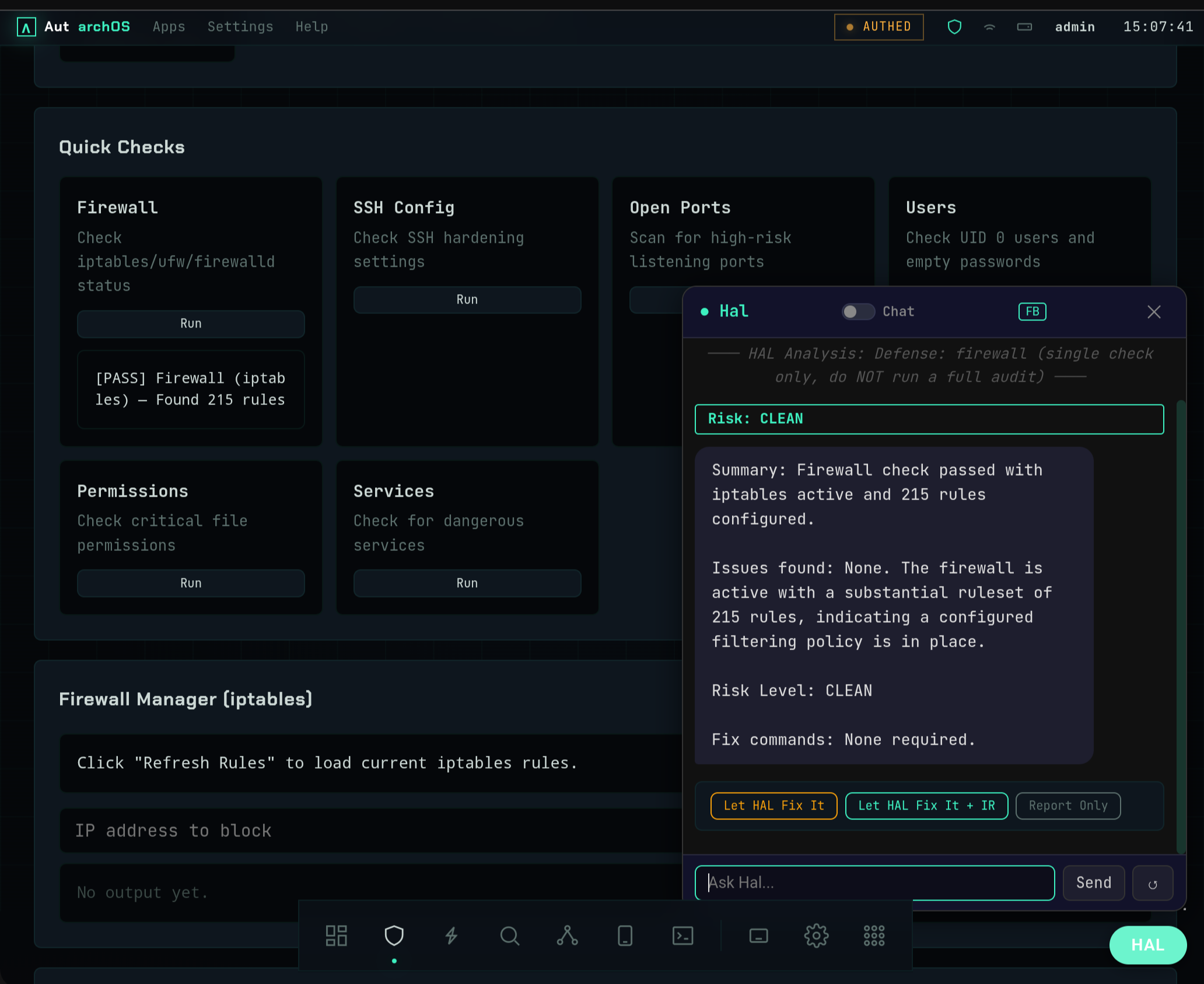 Quick Checks defense panel with Firewall, SSH, Ports, Users, Permissions and Services cards, and the HAL assistant showing a CLEAN risk analysis with Let HAL Fix It remediation buttons.