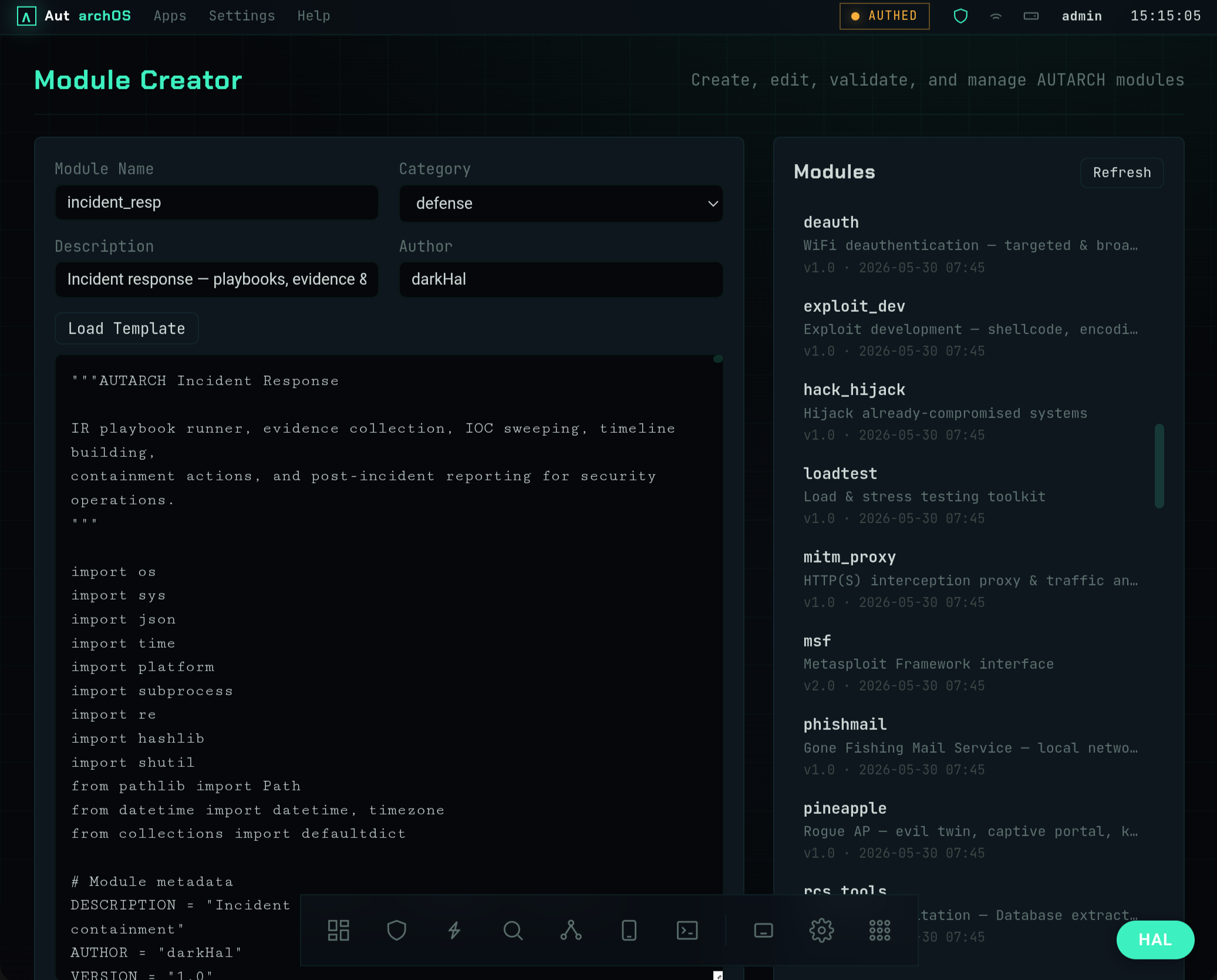 Module Creator interface for creating, editing and validating custom modules from templates.