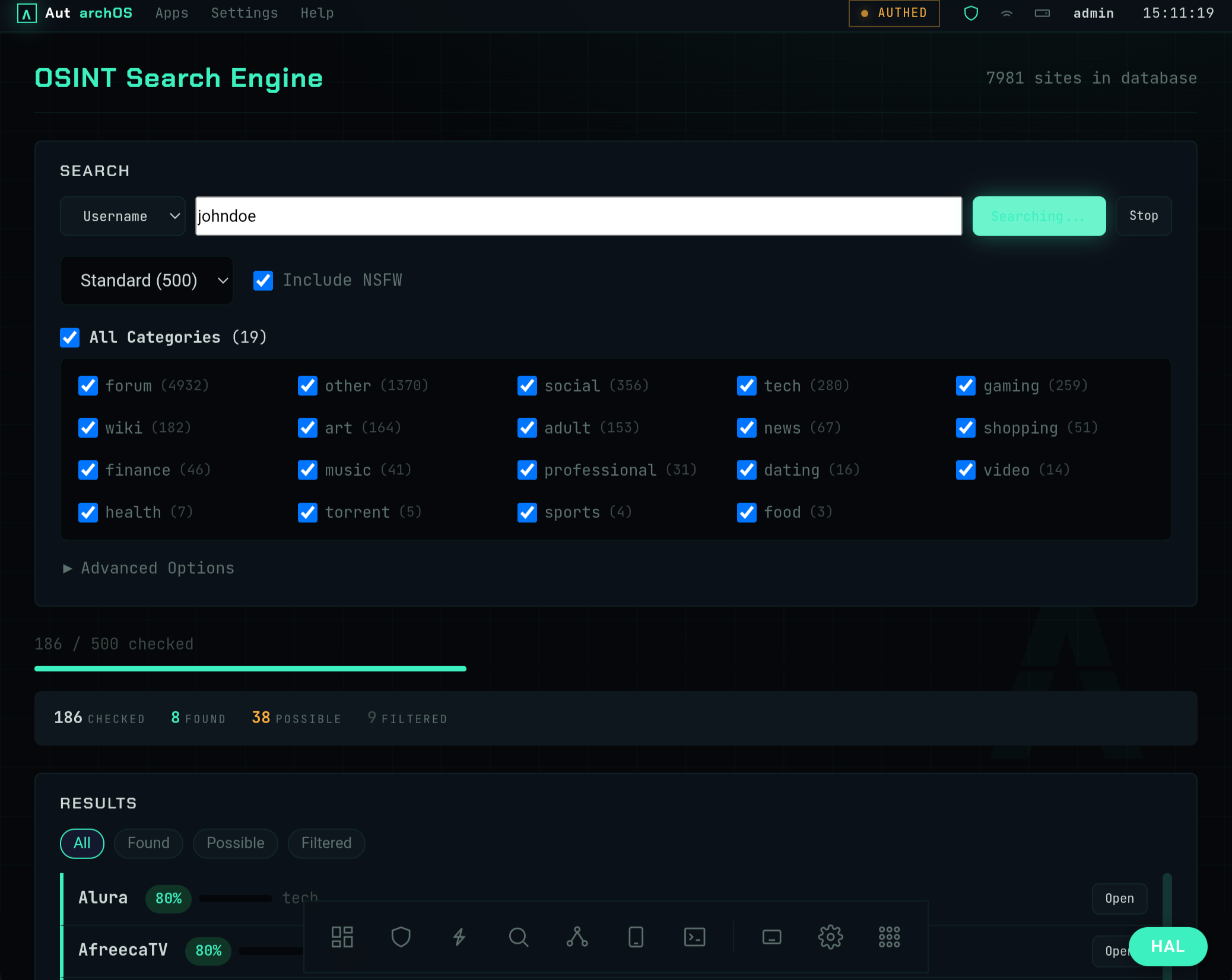 OSINT search engine performing username and email lookups across thousands of sites with live confidence scoring.