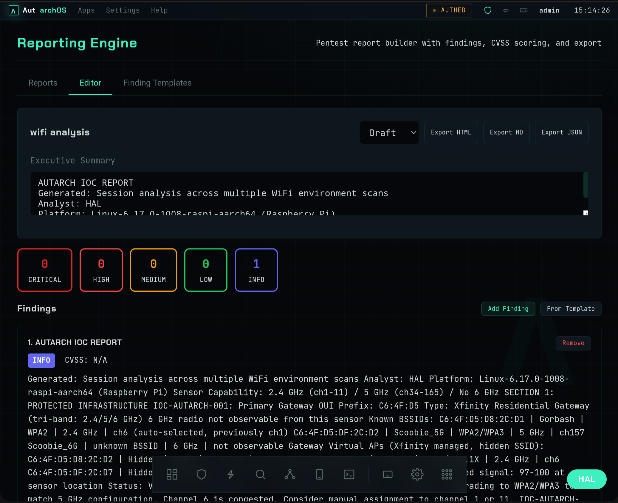 Reporting engine pentest report builder with CVSS severity scoring and HTML, Markdown and JSON export options.